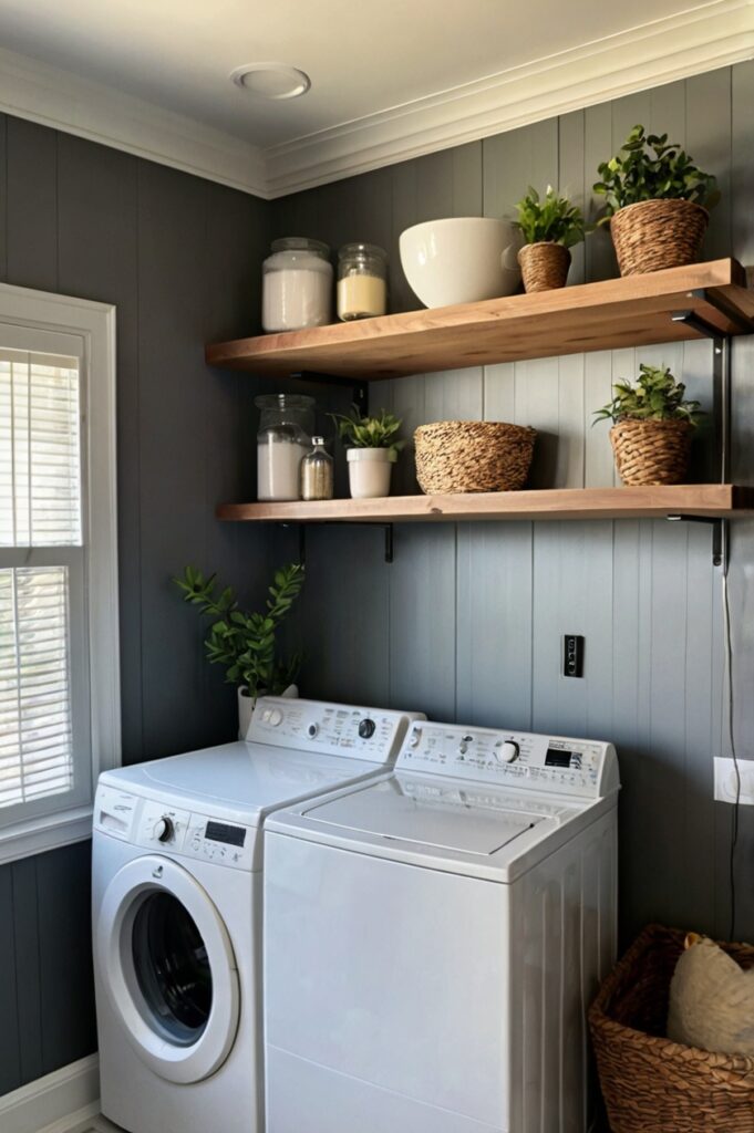 Floating shelves for laundry room