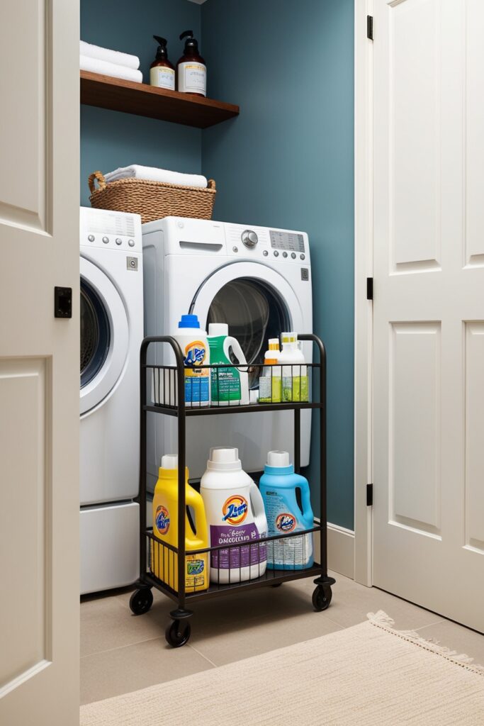 a slim rolling cart in the laundry room