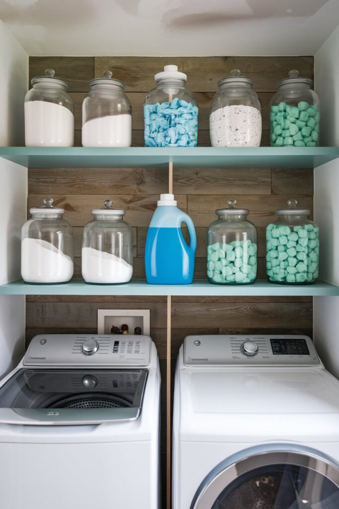 Laundry room with detergent in glass jars