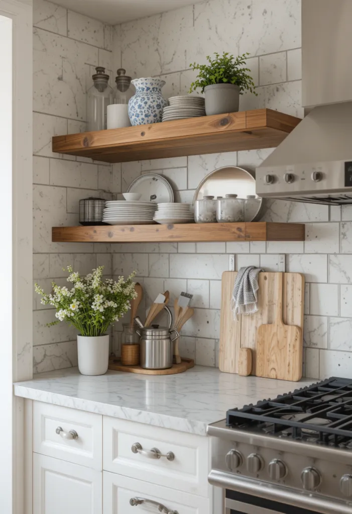 beautiful open shelves in the kitchen