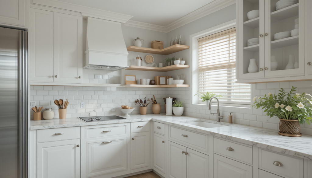 White kitchen with open shelves and closed cabinets