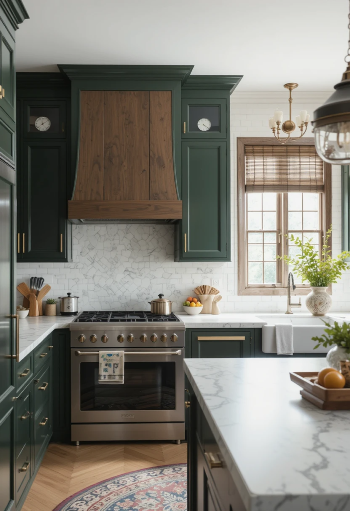 kitchen with green cabinets