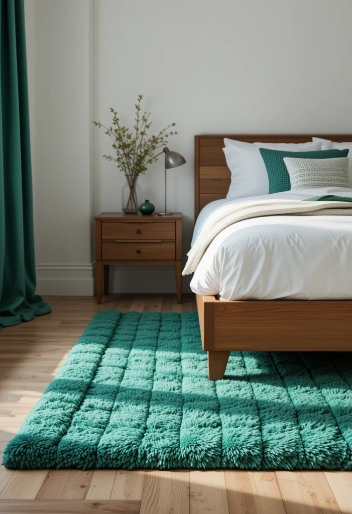 emerald green rug in a beautiful bedroom