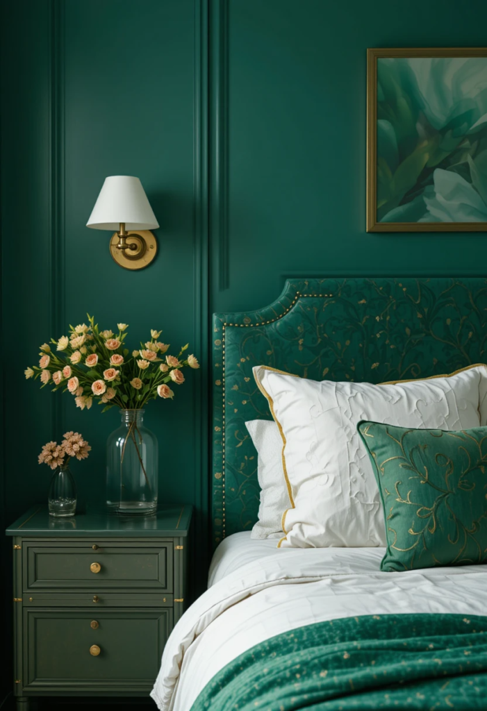 emerald green bedroom with gold accents