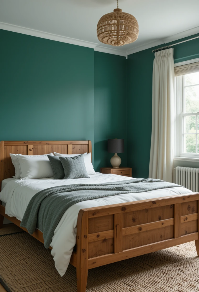 emerald green bedroom mixed with natural wood