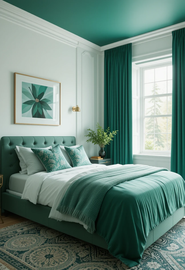 emerald green bedroom with white accents