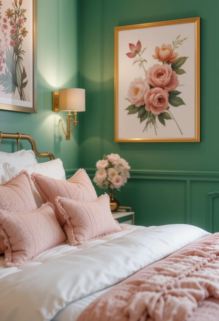 emerald green bedroom with soft pink accents