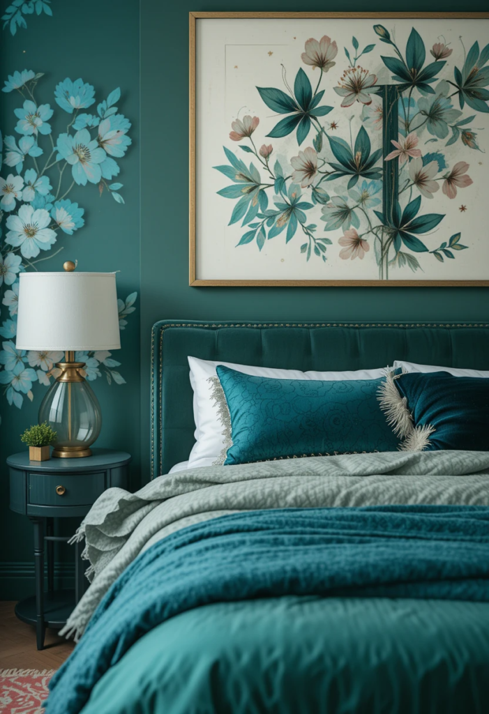 emerald green bedroom with navy blue accents