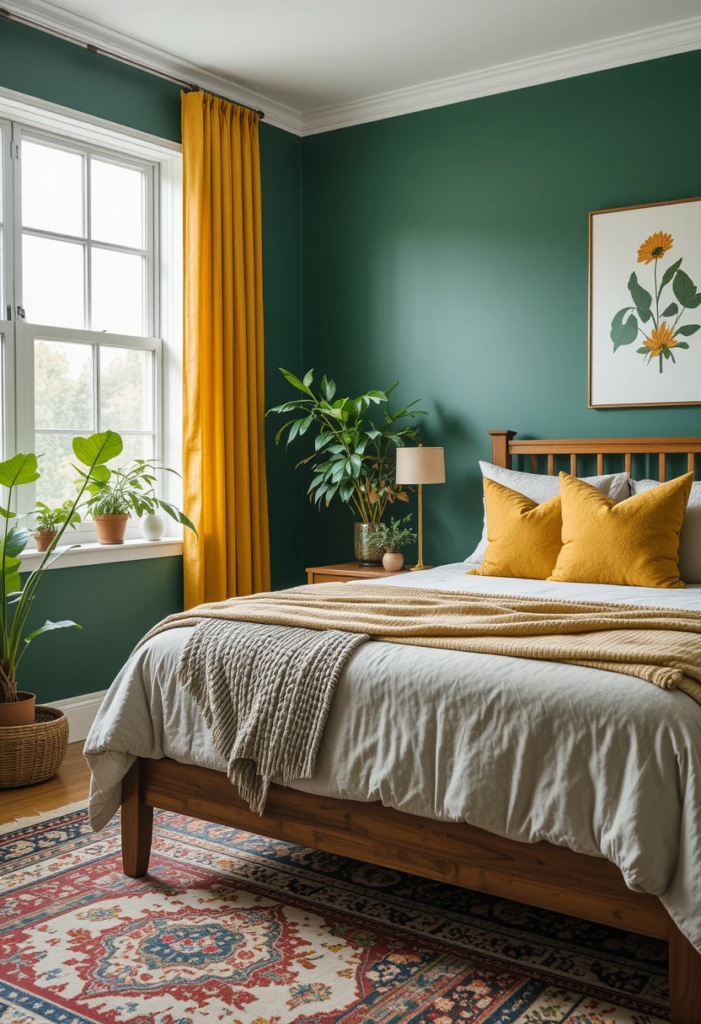 emerald green bedroom with mustard yellow accents