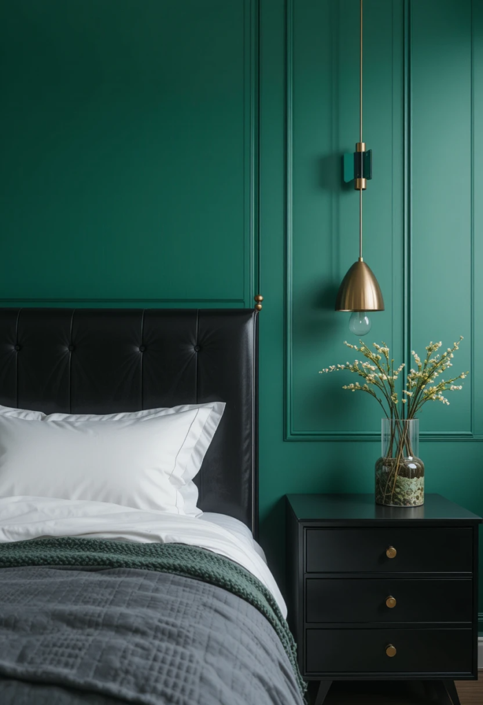 emerald green bedroom with black accent