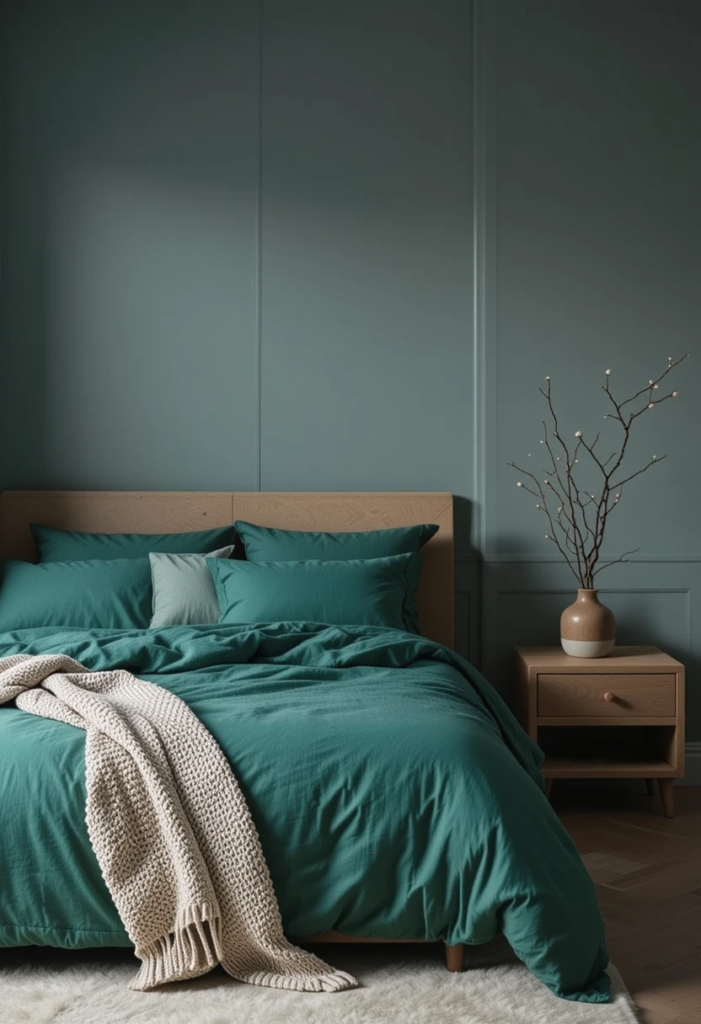 Emerald Green bedroom with a gray wall