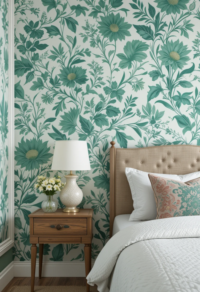 Emerald green bedroom with floral wallpaper