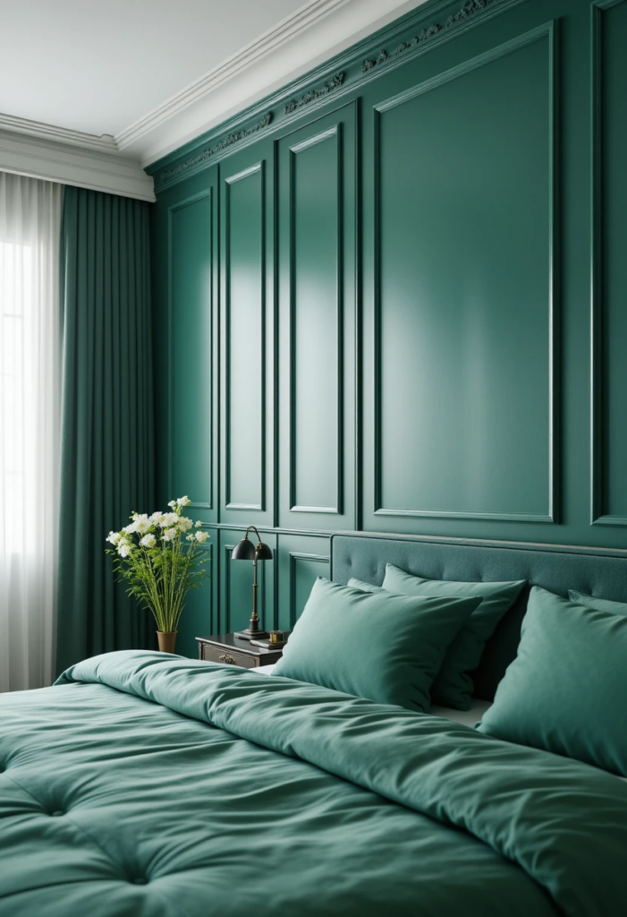 emerald green bedroom with wall paneling 