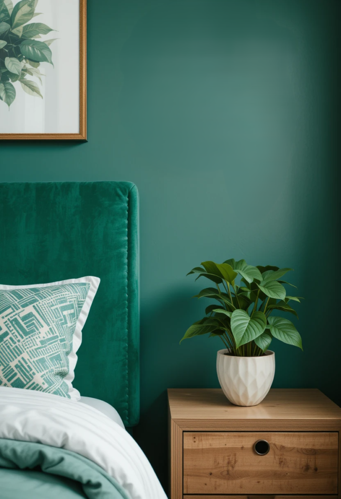 emerald green bedroom with a plant on the nightstand