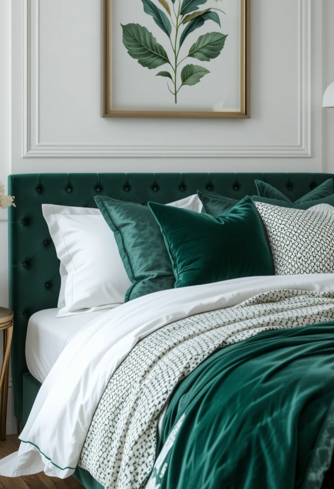 emerald green bedroom with velvet bedding and pillows