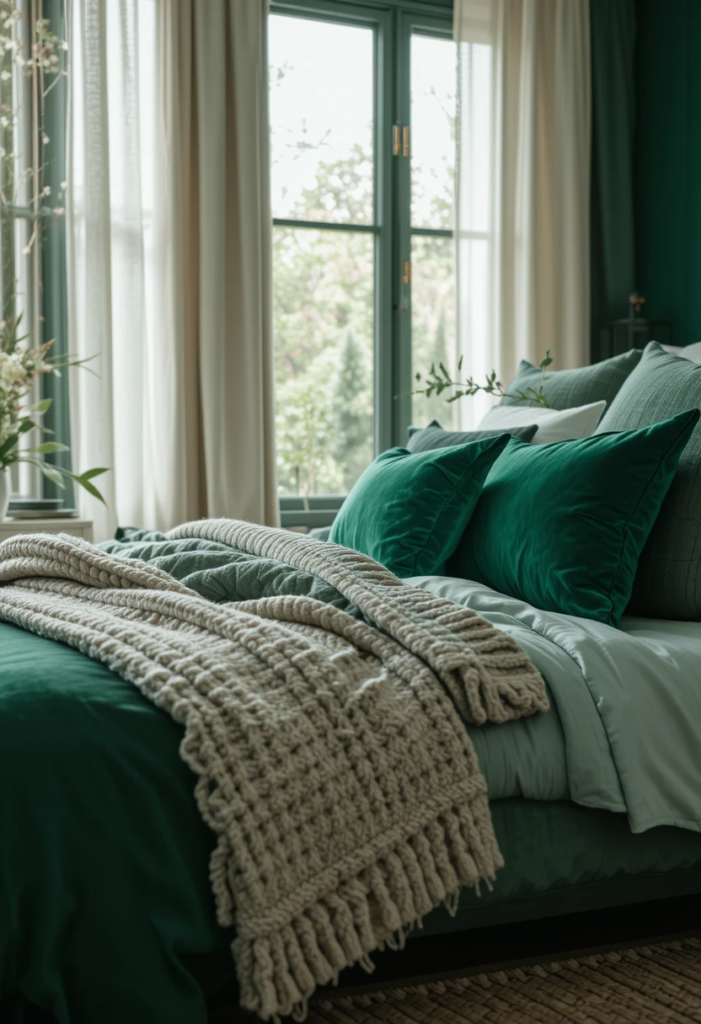 an emerald green bedroom with layered textures.