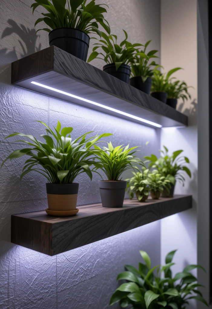 Floating plant shelves with LED strip lights