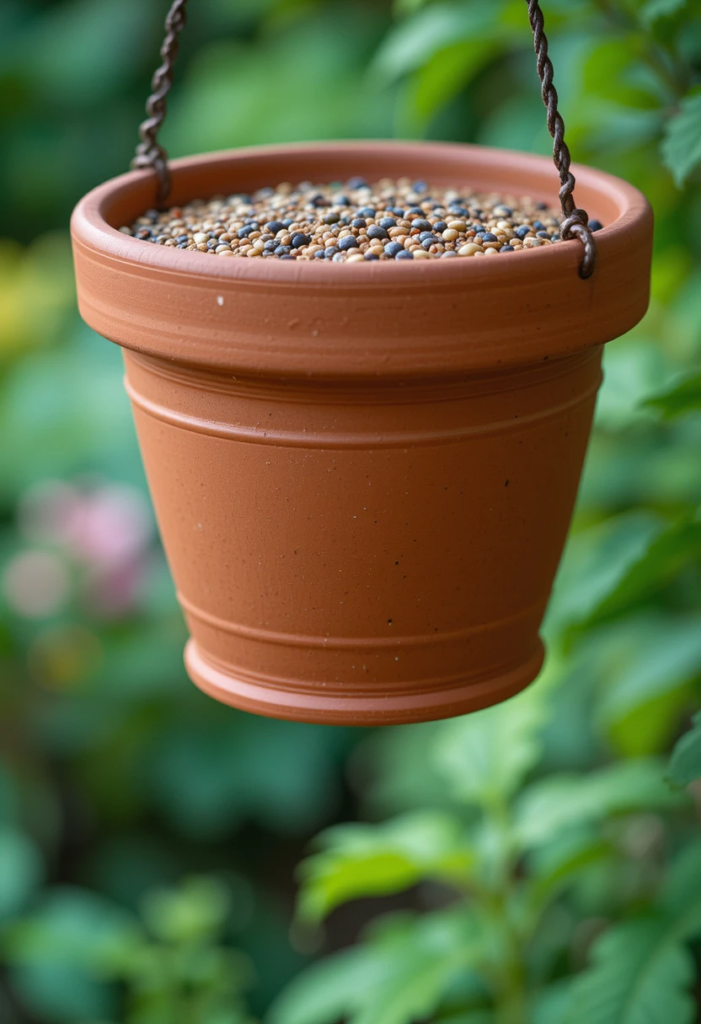 Terracotta pot as a hanging bird feeder