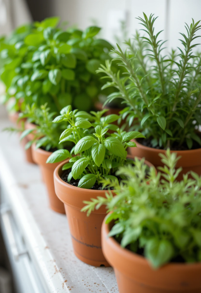 herbs in terracotta pots