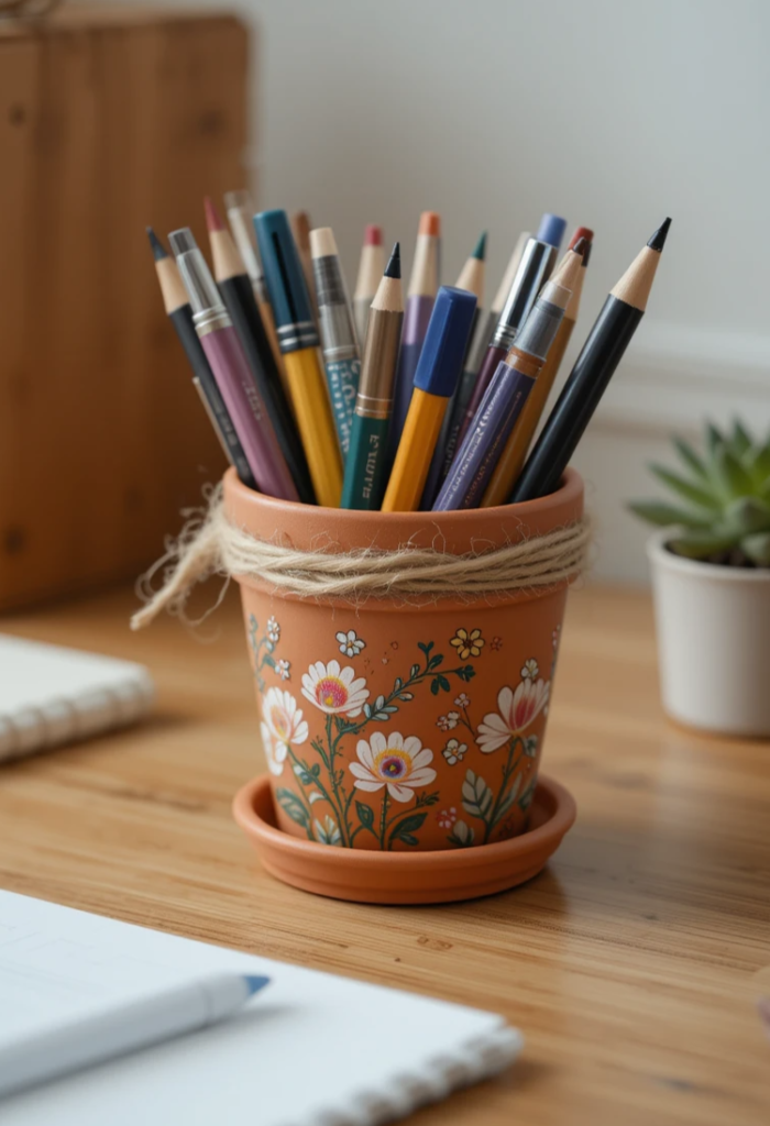 Terracotta pot as a pencil holder