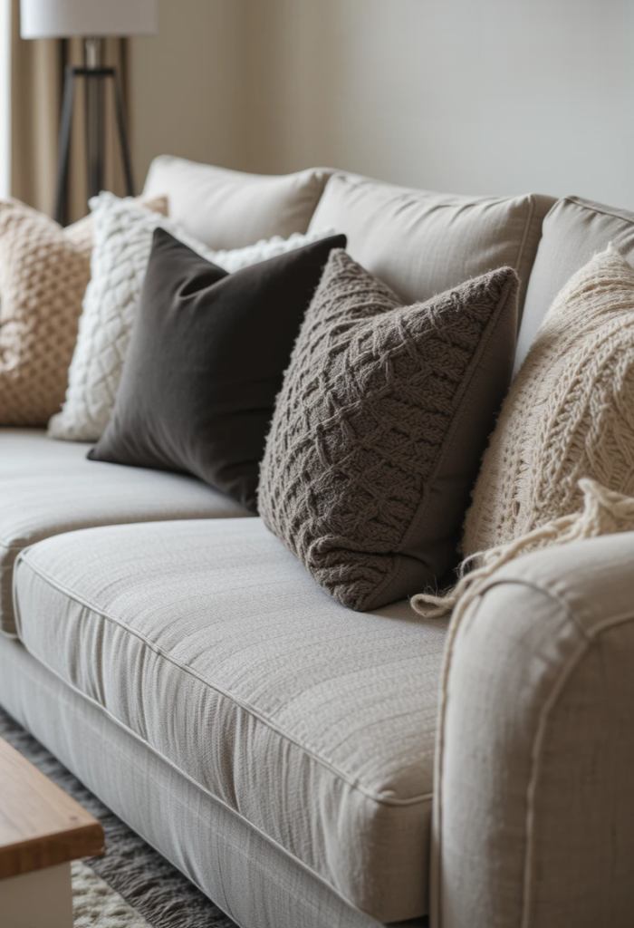 A modern living room with a neutral-toned sofa, adorned with an assortment of textured throw pillows