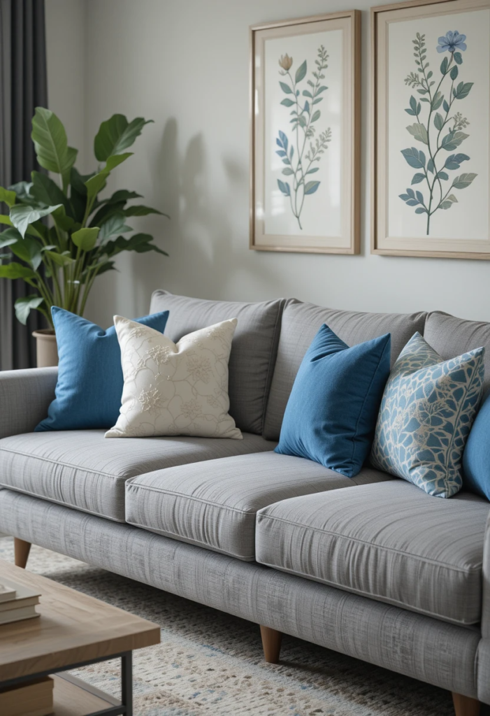 A cozy living room where throw pillows match the room’s color palette—shades of blue and white complementing a gray sofa.