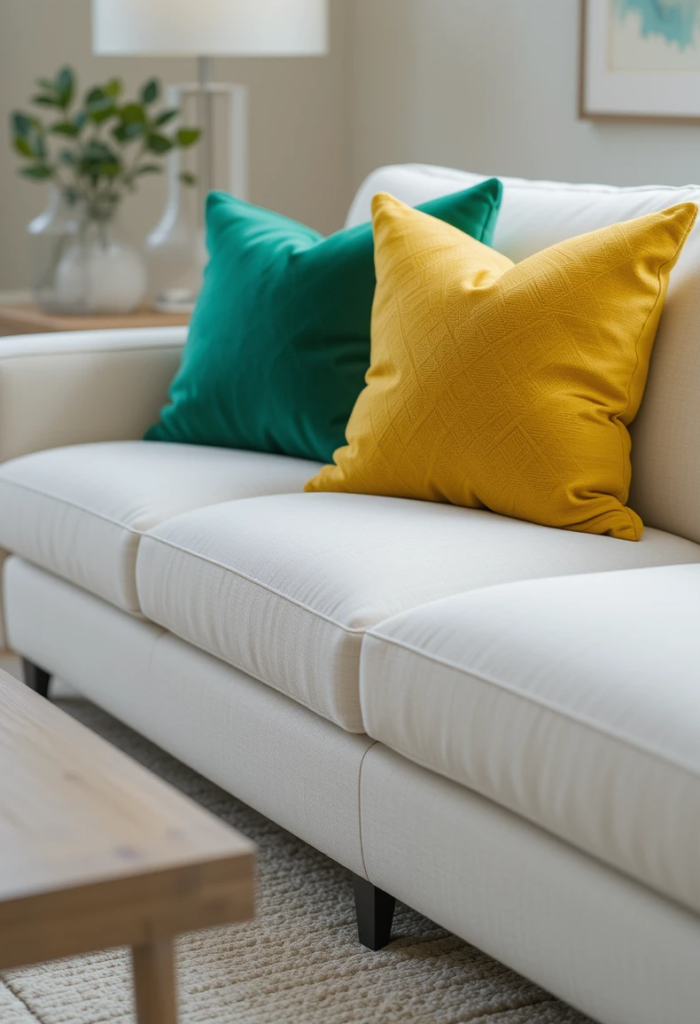 A neutral-toned living room featuring a white sofa with a pop of color from bright yellow and emerald green throw pillows.