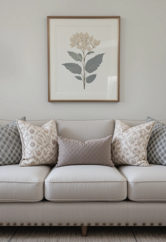 A symmetrical living room setup with matching throw pillows arranged neatly on both ends of a large sofa.