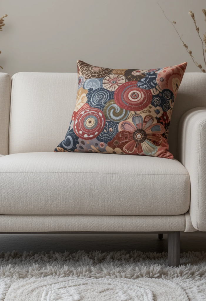 A sleek modern sofa with a single oversized throw pillow featuring an eye-catching design