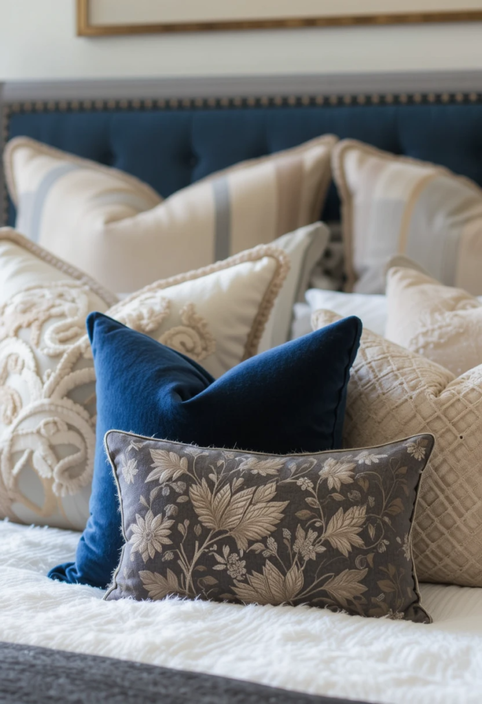 A beautifully styled bed with a layered arrangement of throw pillows