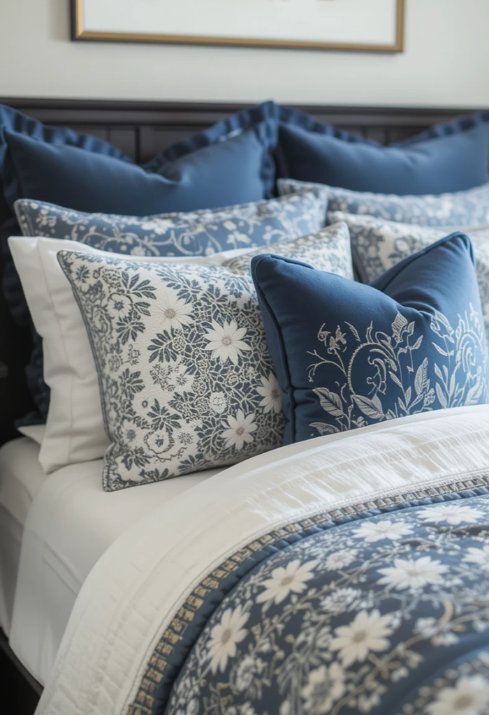 A bedroom where throw pillows match the bedding, creating a cohesive and polished look.