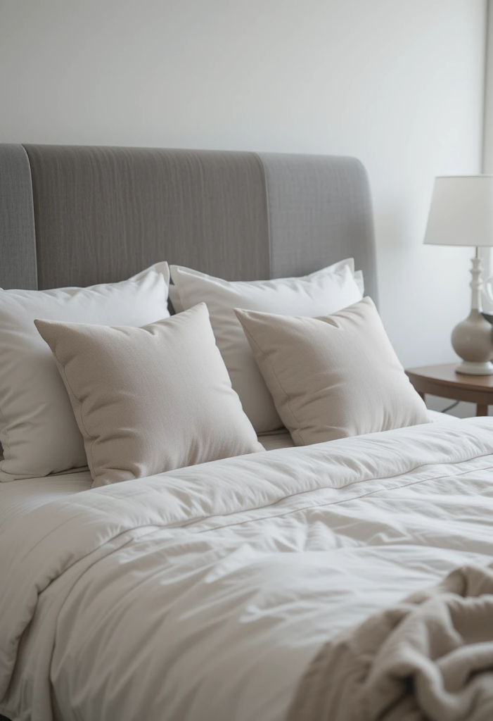 A minimalist bedroom with a neatly made bed featuring simple, neutral-toned throw pillows