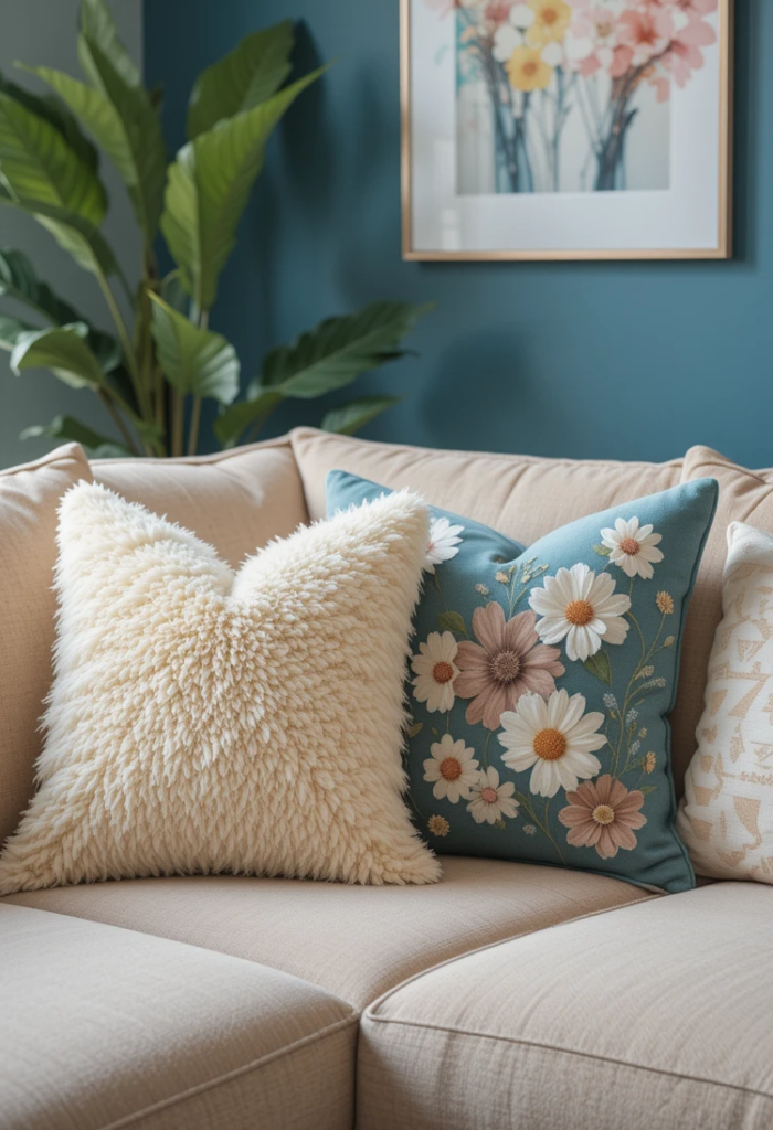 A living room with throw pillows