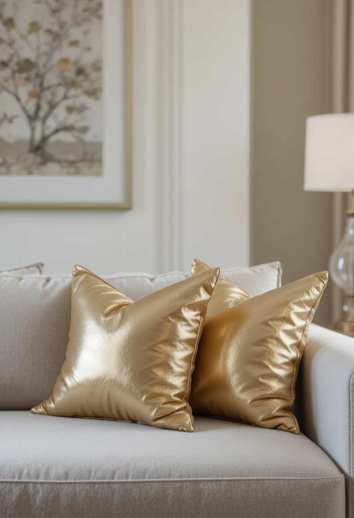 A chic living space with metallic gold and silver throw pillows