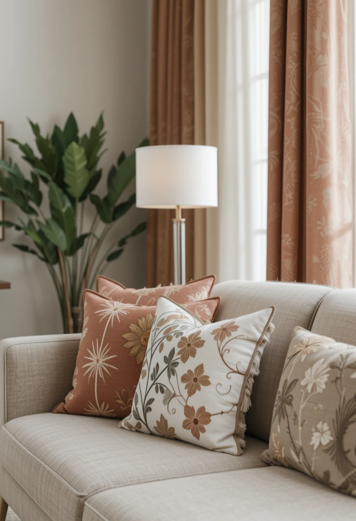 A well-designed living room where throw pillows coordinate with the curtains