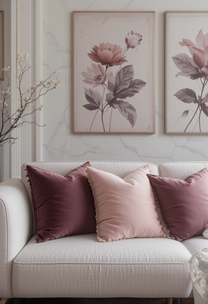 A modern, monochrome living room with throw pillows in varying shades of the same color—soft blush pinks