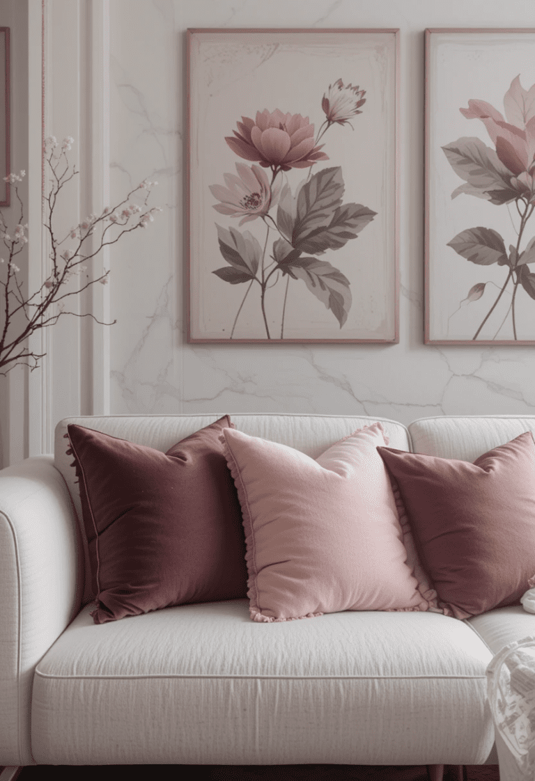 A modern, monochrome living room with throw pillows in varying shades of the same color, soft blush pinks.