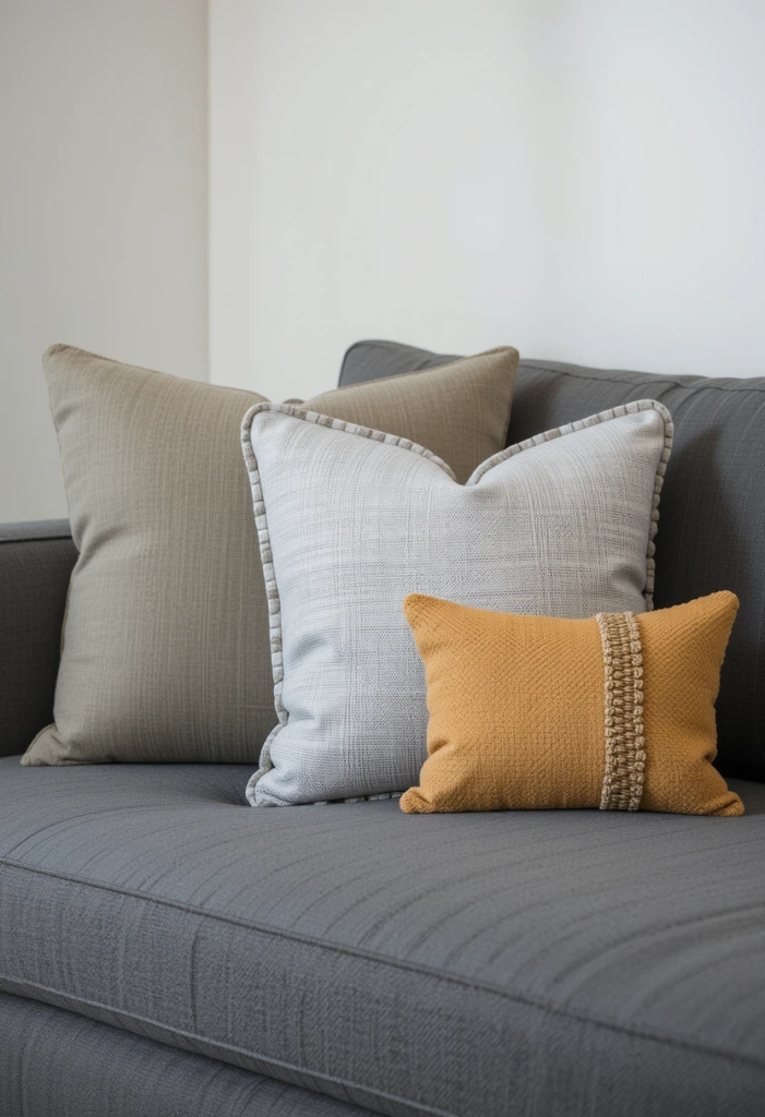 A well-styled living room with a sofa featuring a perfectly layered throw pillow arrangement