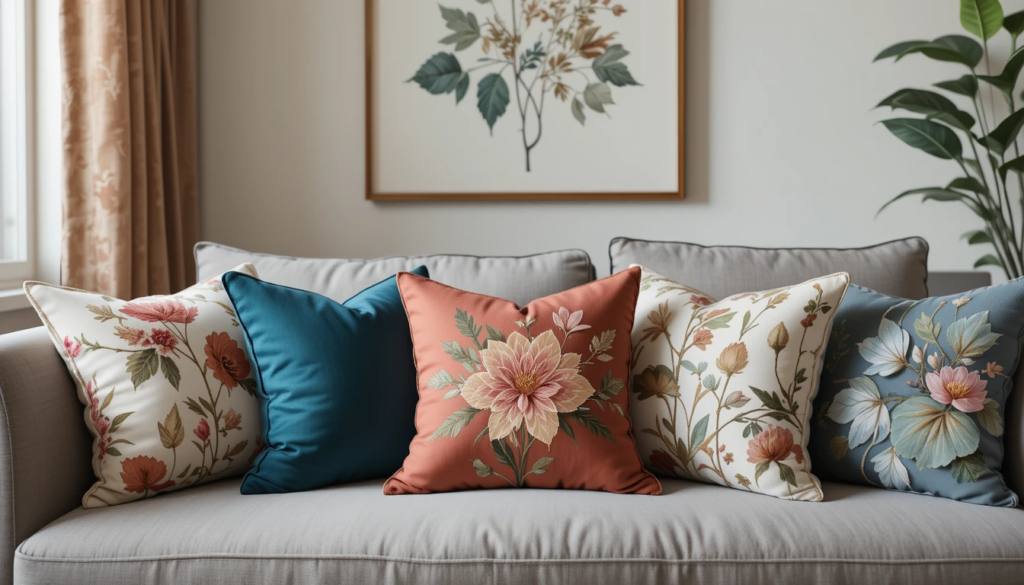 beautiful throw pillows in a sofa and a botanical art