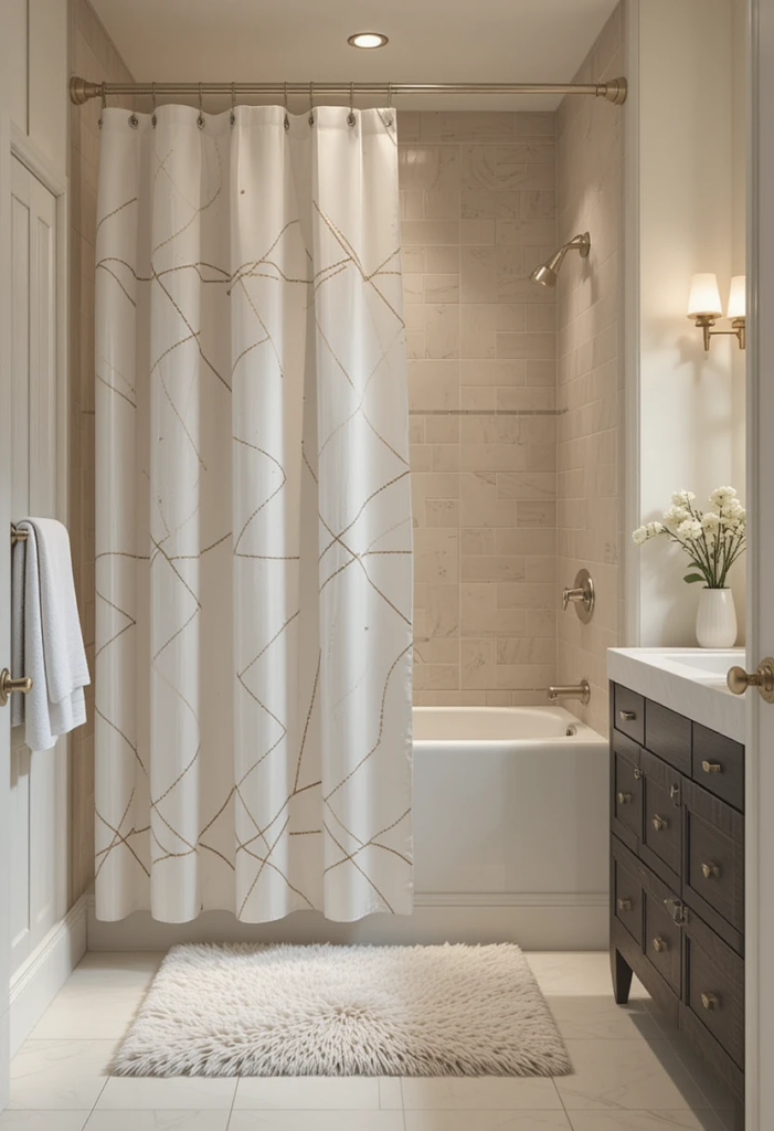  cozy and stylish bathroom featuring a modern shower curtain with a subtle geometric design and a plush bath mat.