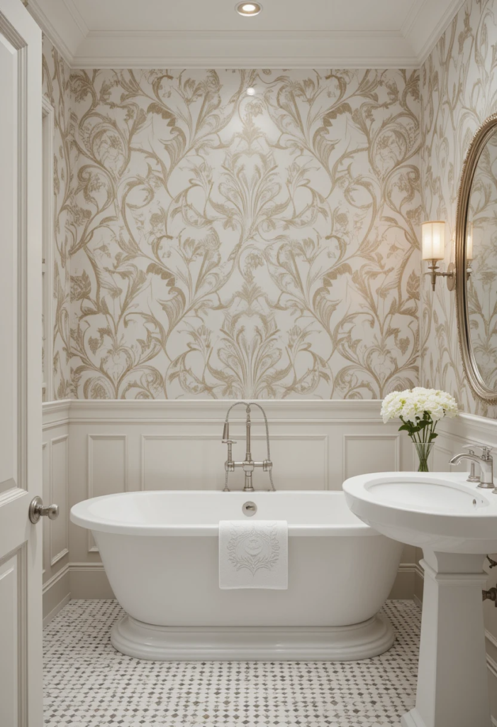 A well-designed bathroom with a feature wall covered in elegant peel-and-stick wallpaper.