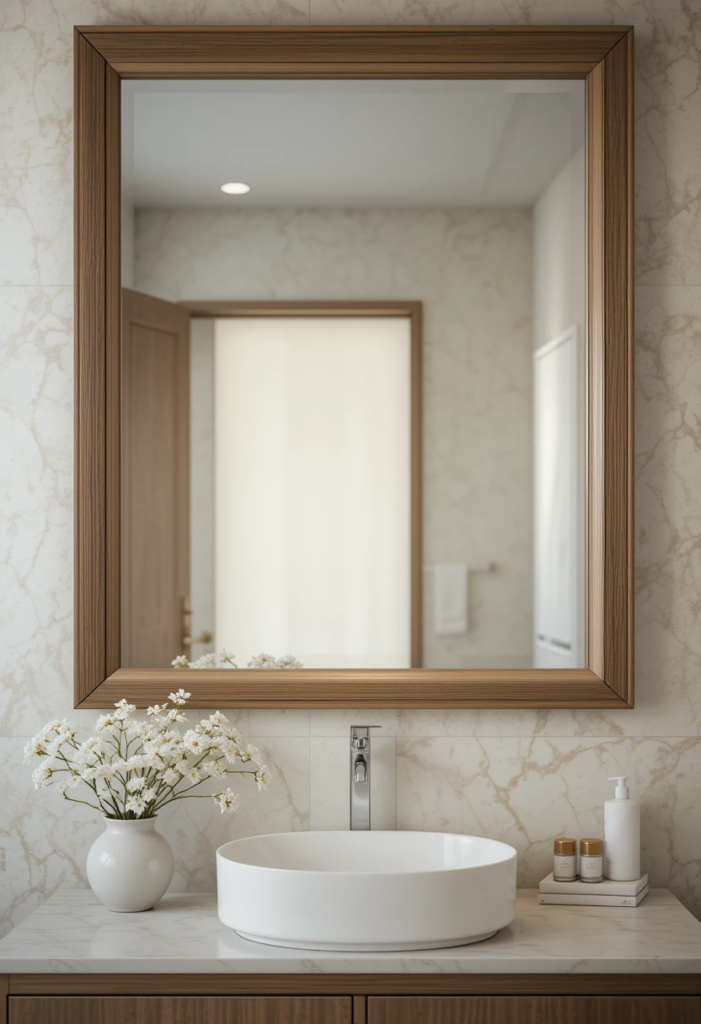 A modern bathroom with a large, newly framed mirror above the sink. The frame is a stylish wooden border