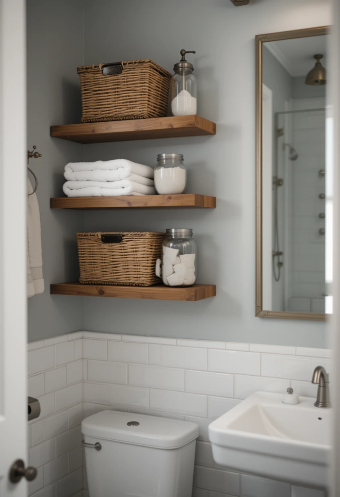 A functional and well-organized bathroom with floating shelves displaying woven baskets, glass jars filled with essentials, and neatly stacked towels.