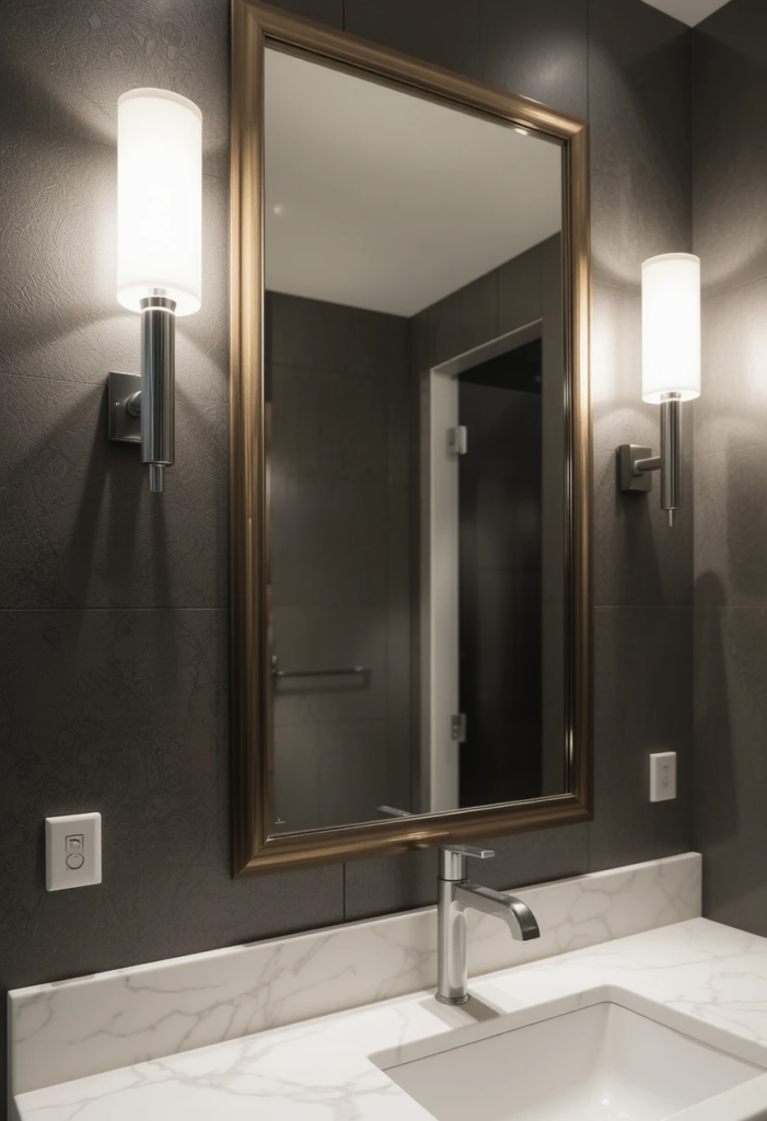 A bathroom with upgraded lighting fixtures, including sleek wall sconces flanking a mirror.