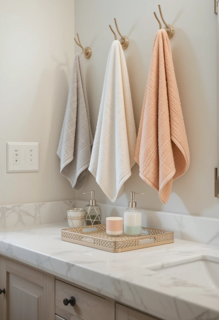 color-coordinated towels hanging on stylish hooks.