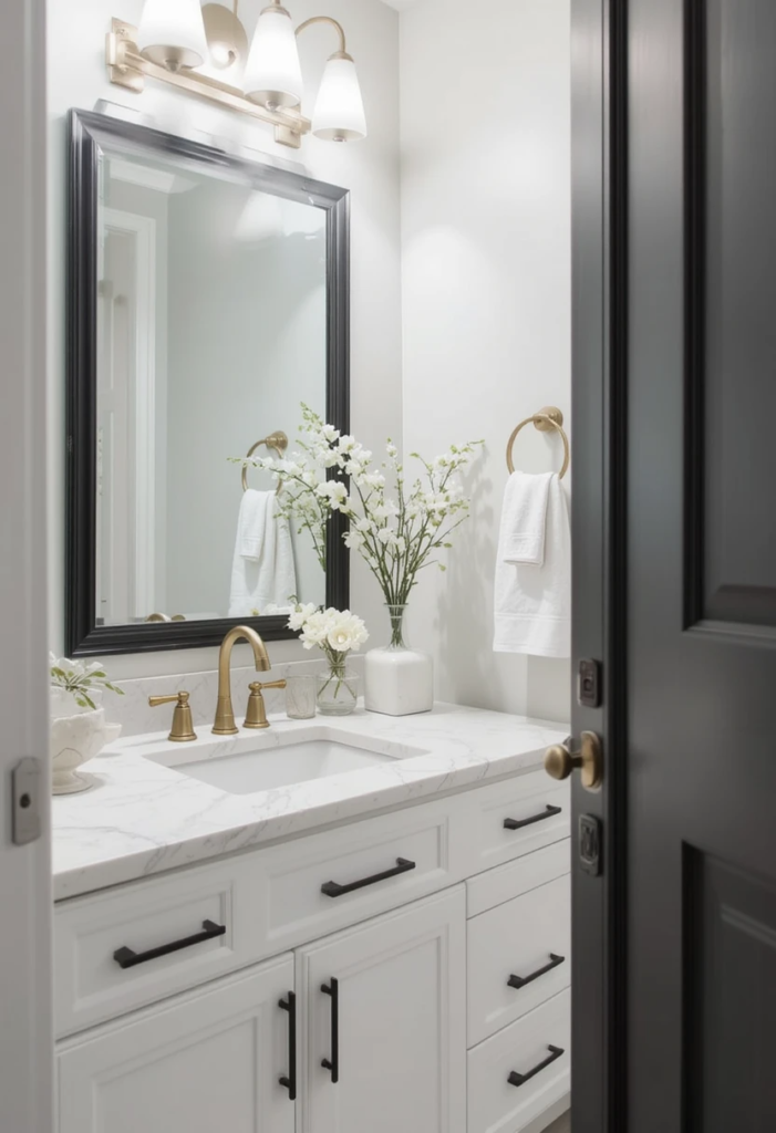 bathroom with hardware, including sleek matte black cabinet handles, a brushed gold faucet