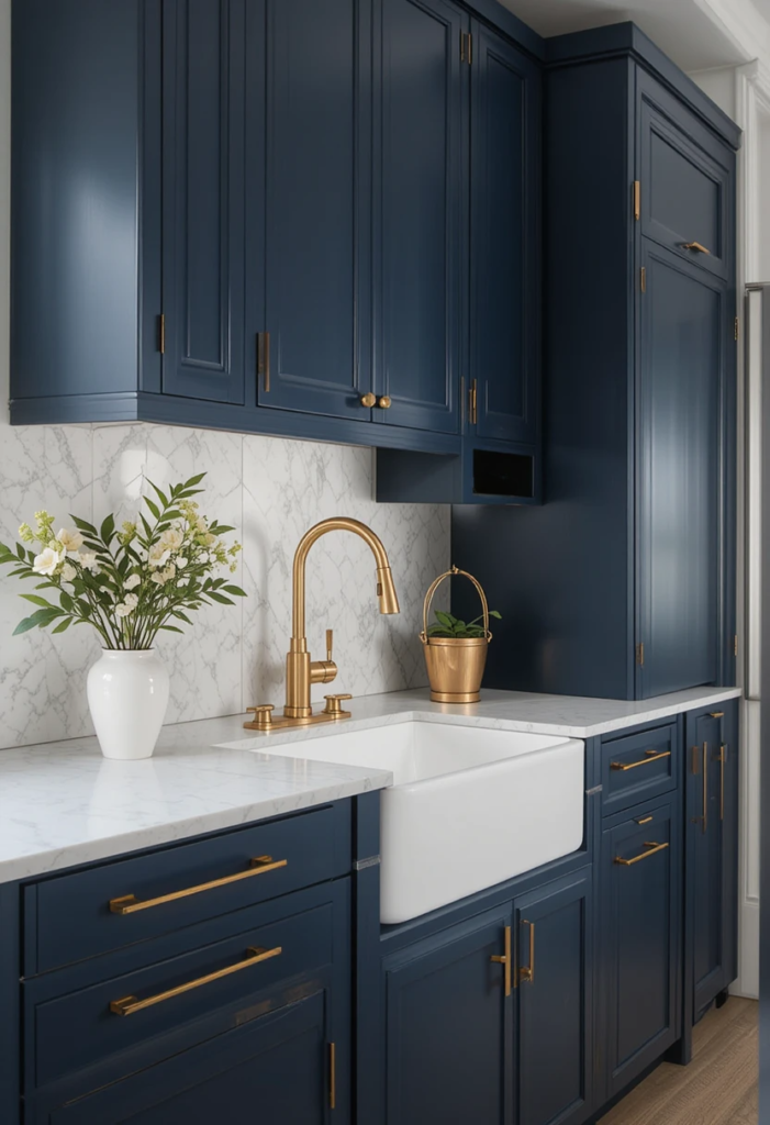 Bold Kitchen Color, deep navy with warm gold