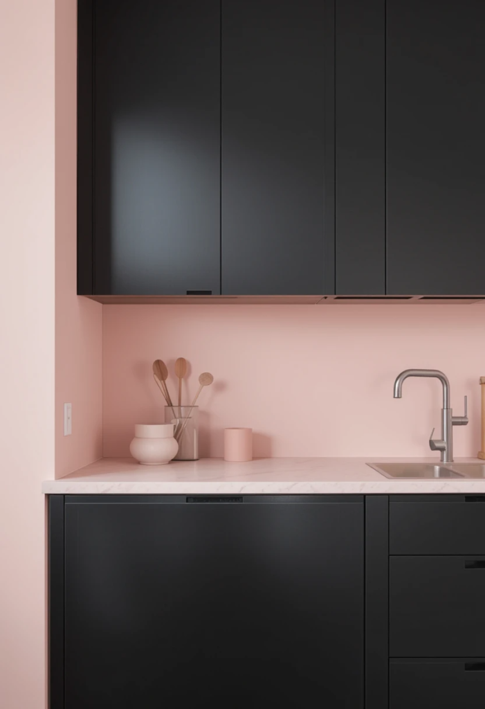 bold color kitchen matte black and blush pink kitchen