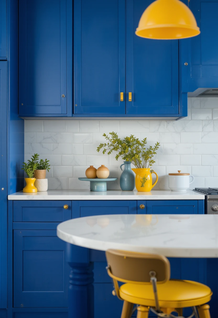 bold kitchen color cobalt blue cabinetry paired with mustard yellow accents 