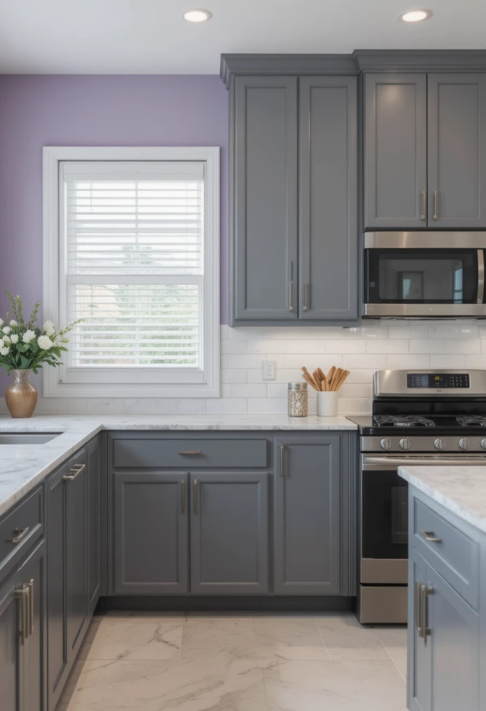 bold kitchen color soft lavender walls paired with slate gray cabinetry